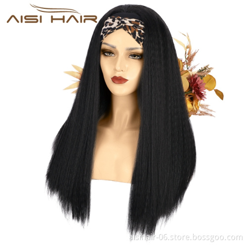 2021 Best Quality Wholesale Long Yaki Glueless Synthetic Wigs Grip Adjustable Headband Attached For Women Brazillian None Lace
